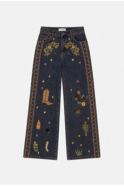 it's basic Kadın Koyu Kot 1w6-10 Palazzo Fit Özel Nakış Desen Tasarım Denim Jean