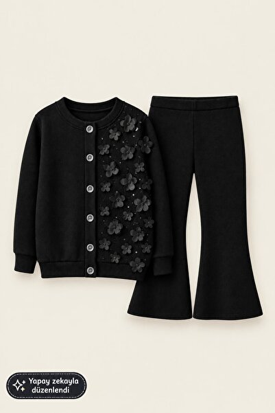 My Kids Wear Kız Çocuk Tül Gül Aplikeli Triko Hırka İkili Takım