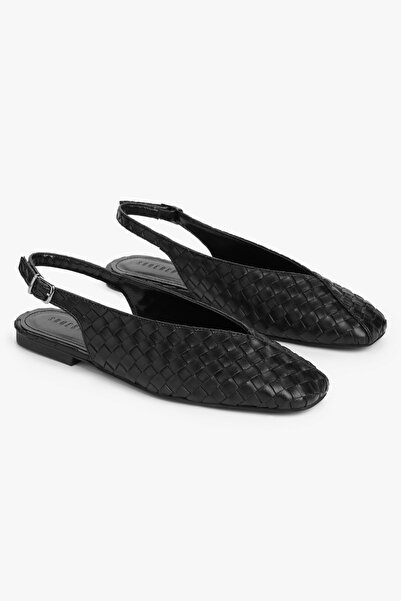 Shoeberry Kadın Lovena Siyah Cilt Örgü Görünümlü Babet