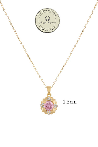 Keyifli Hayaller Çelik Kolye - 1,3cm Pembe Yaş Çiçek 316L Çelik Kolye Kararmaz Solmaz 44+5cm