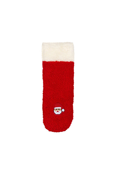 Yumuşacık Yılbaşı Temalı Kadın Ev Çorabı Kırmızı Noel Baba Nakışlı Termal Peluş Çorap