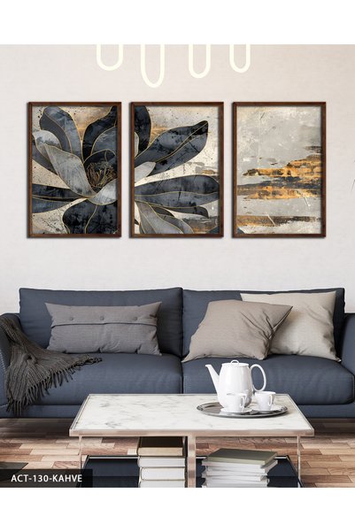 CeSht Gold Detailed Black Flower 3 Piece Wooden Framed Painting Act