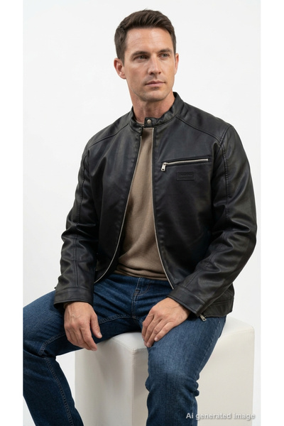 Jack & Jones Men's Leather Jacket Stand Collar Zippered Long Sleeve Basic Sea...