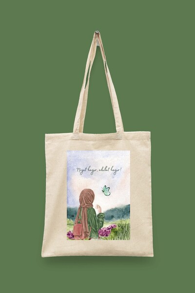 Bi Dünya Haber Niyet Hayır Akıbet Hayır Islamic Series Tote Bag Printed Cloth...