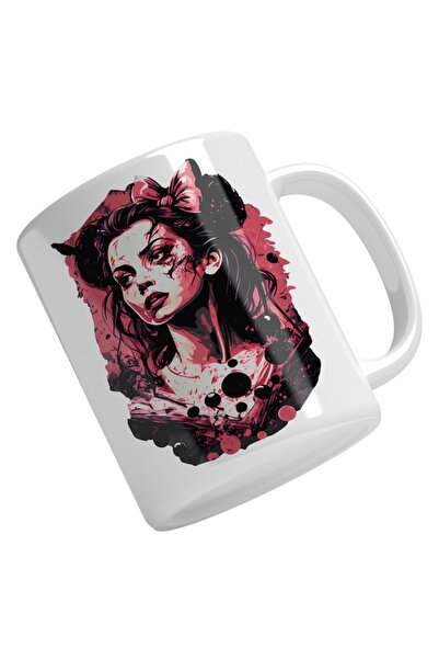 INOVATIX Cana alba personalizata,Portret fata Cu Cicatrici,Funda Roz In par,F...