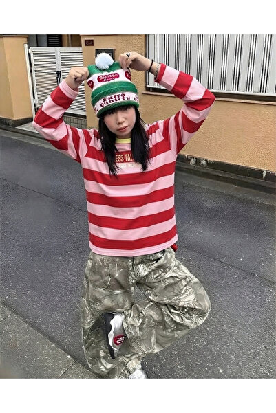 Touz Moda Y2K Grunge Tarzı Çizgili Blok Sweatshirt