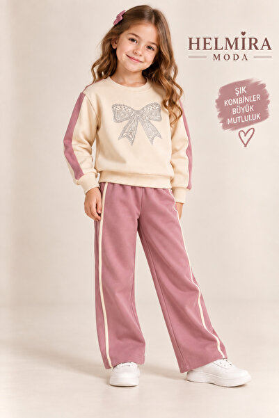 HELMİRA Girl's Three-Thread Fabric Stone-Embellished Bowknot 2-Piece Tracksui...