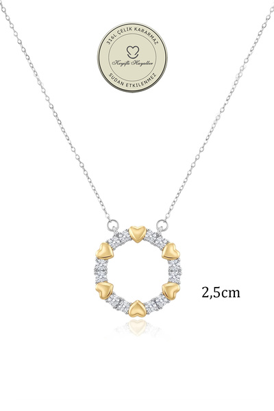 Keyifli Hayaller Çelik Kolye - 2,5cm Yuvarlak Kalp Beyaz Taş Silver Gold 316L Çelik Kolye Kararmaz Solmaz 40+5cm