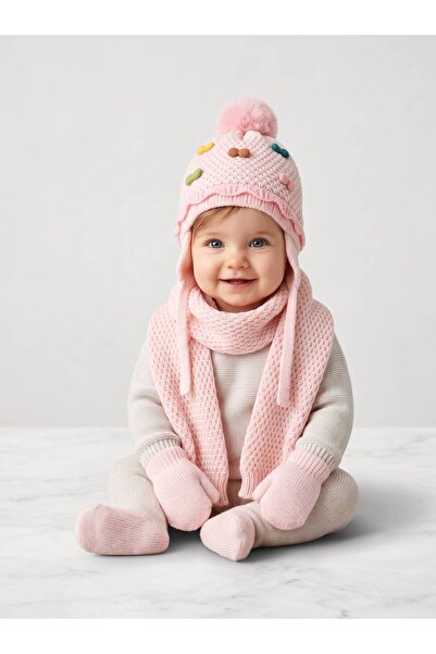 Kitti 0-18 Ay Kız Bebek Atkı Bere Eldiven 3'lü Takım