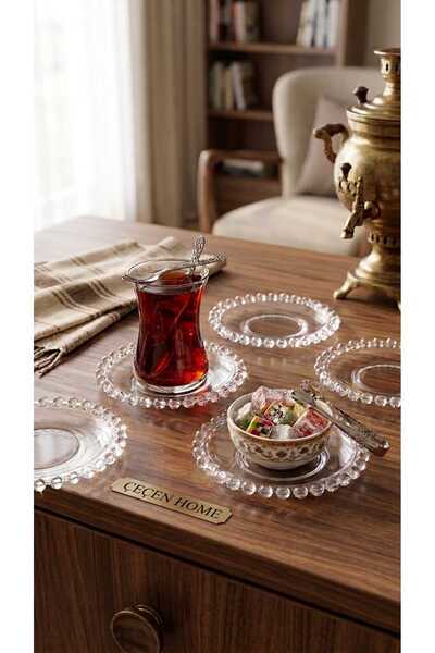 ÇEÇEN HOME 6'lı Boncuk Detaylı Plastik Çay Tabağı Seti - Kırılmaz Şeffaf Sunu...
