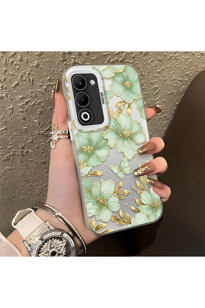 CASEVIBE Oppo A5 4G/5G Uyuml Altın Kenarlı Açık Yeşil Çiçek ve Kelebek Desenl...