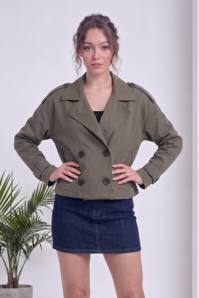 zks grup tekstil Women's Short Trench Coat Double Breasted Buttoned Long Slee...