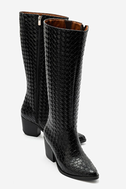 by selvi Lukka Shoes Elena Women's Black Faux Leather Knitted Patterned Boots