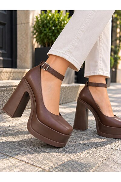 asmi shoes Women's Della Brown Ankle Strap 12 cm Platform Heeled Shoes