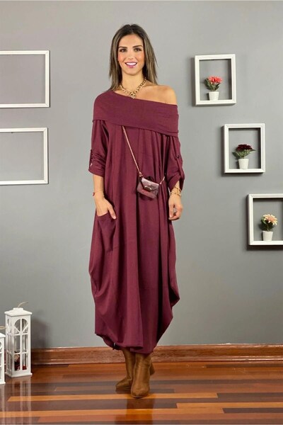 Nevin Kaya Moda Bordo Sihirli Yaka Pamuklu Elbise