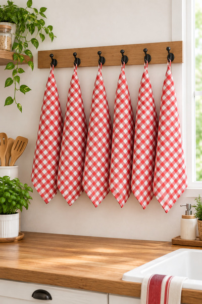MELONIE 6-Piece Gingham Kitchen Napkin and Drying Cloth Set American Service ...