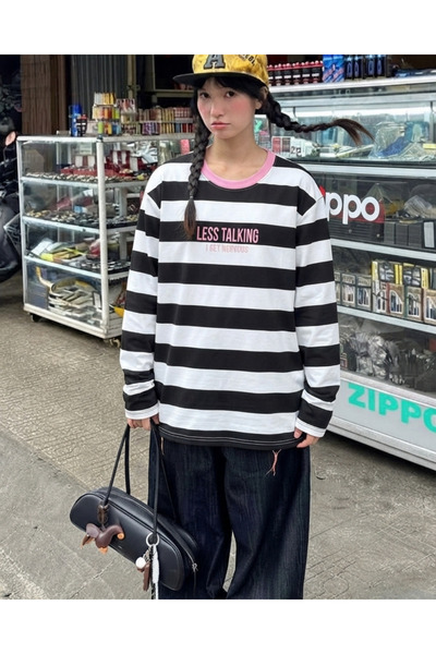 Toum Y2K Grunge Tarzı Çizgili Blok Sweatshirt