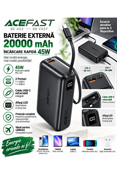 Acefast Baterie Externă 20000 mAh, Power Bank 45W, Încărcare Rapidă PD/QC, Ca...