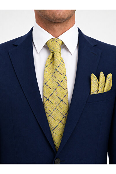 Brianze 8 cm Yellow Navy Blue Patterned Tie and Handkerchief Set
