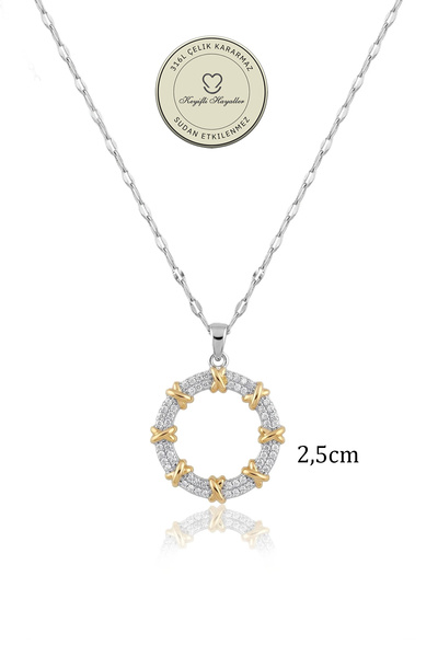 Keyifli Hayaller Çelik Kolye - 2,5cm Yuvarlak X Beyaz Taş Silver Gold 316L Çelik Kolye Kararmaz Solmaz 45+5cm