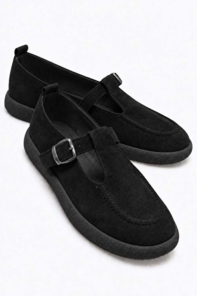 CCWAY AYAKKABI Women's Buckle Belted Loafer Black Suede