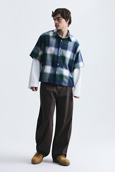 VAMOSCLO Boxy Fit Plaid Double Sleeve Shirt