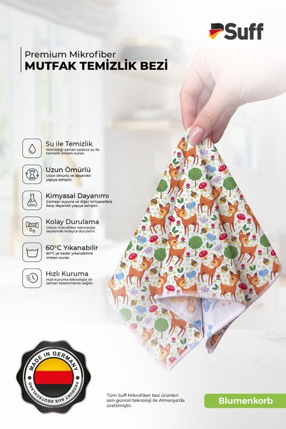 Suff Blumenkorb Microfiber Kitchen Cleaning Cloth Large Size Decorative Patterned Kitchen Cleaning Cloth 70X50 cm Geyik Orman