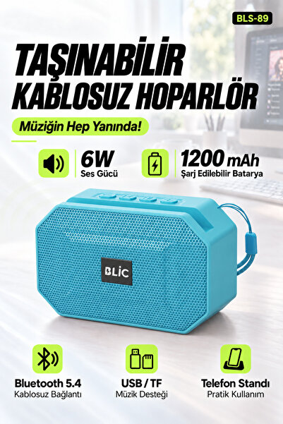 Blic BLS-89 Bluetooth 5.4 Taşınabilir Hoparlör Mavi 6W RMS, Telefon Standlı, ...