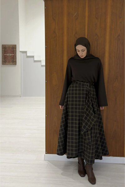 fayaboutique.com Kahverengi Yeşil Ekoseli Anvelop Heather Etek