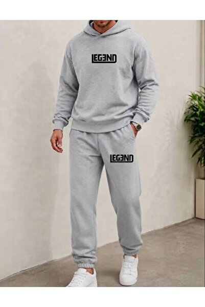 LELVANİ Men's Legeno Text Printed Top and Bottom Hooded Tracksuit Set