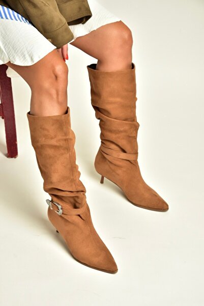 Fox Shoes Z726105702 Tan Suede Thin Heeled Gathered Women's Boots