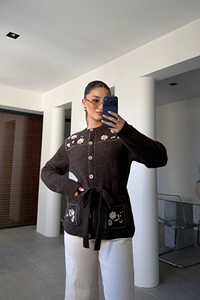 MAGARDE Embroidered Double Pocket Wool Cardigan - Brown