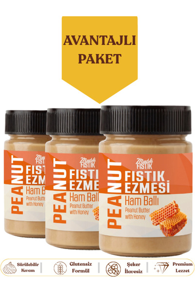 Mıstık Fıstık Ham Ballı Fıstık Ezmesi 300 g x 3 Adet Şeker İlavesiz Glutensiz...
