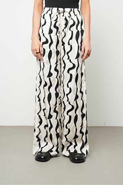 Orfeo Negro Women's Wave Patterned Black - White Wide Leg Pants with Elastic ...