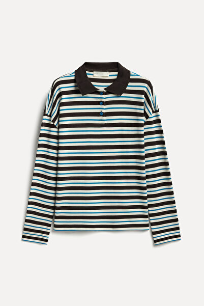 Mudo Women's Brown Striped Polo Collar Sweatshirt