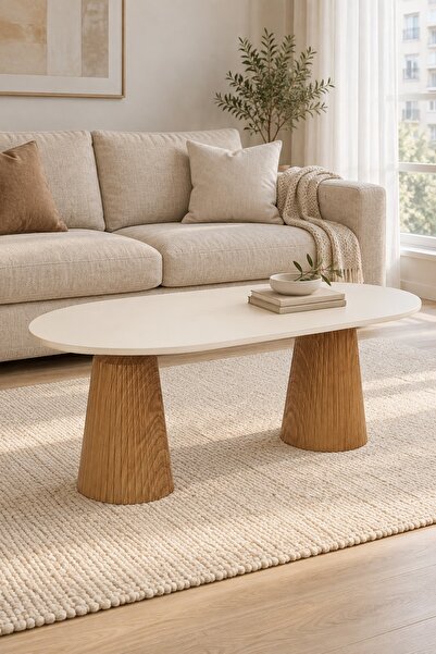 Veloni Calista Ceviz Efektli Modern Orta Sehpa | Oval Tabla Çift Ayaklı Salon...