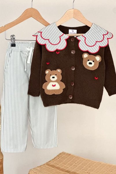 Minigimin Cicileri Teddy Bear Embroidered Ruffle Collar Cardigan Girls' 2-Piece Set - Brown