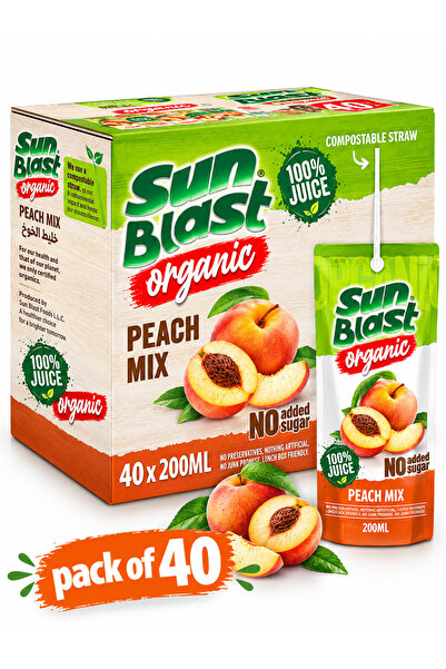 Sun Blast عصير خوخ عضوي (100% طبيعي) بدون سكر مضاف - 200 مل × 40 عبوة |   سَن...