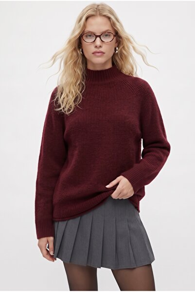 Ritnice Women's New Puffy Soft Textured Half Turtleneck Burgundy Knitwear Swe...