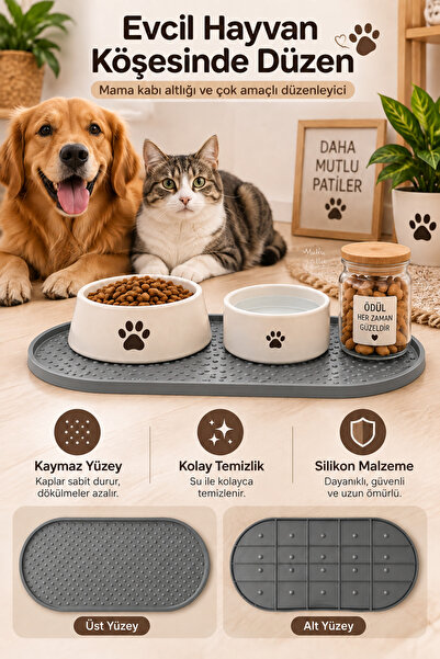 MultiTrendy Kedi Köpek Beslenme Matı12x24 cm Su Geçirmez Gri Mama Kabı Altlığ...