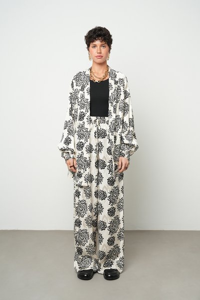Orfeo Negro Women's Floral Patterned Black - White Oversized Kimono
