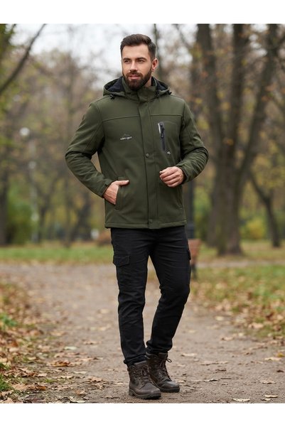 MY DEDE Haki Softshell Kapişonlu Erkek Mont