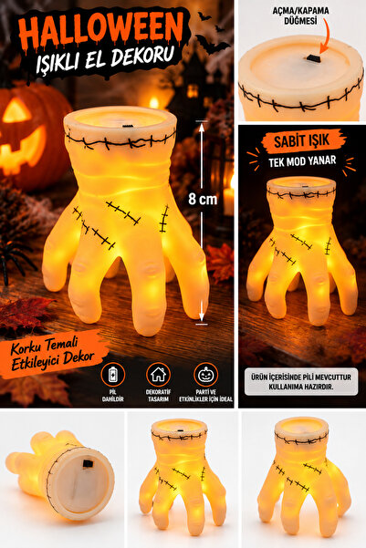 PARTİPORT Halloween Işıklı El Dekoru 8 cm Pilli Sabit Işıklı Korku Temalı Mas...