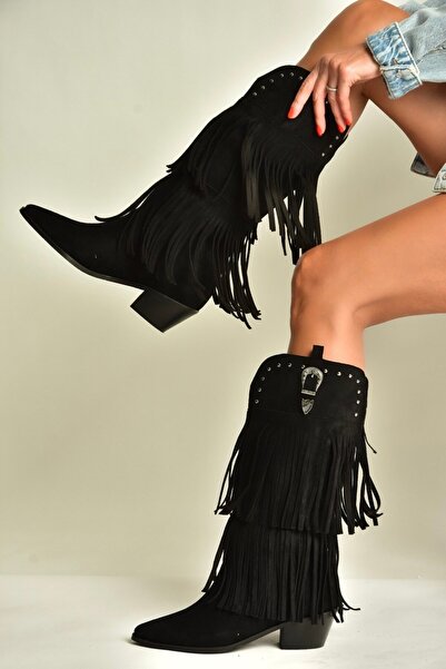 Fox Shoes Z726107102 Black Suede Thick Heeled Tasseled Women's Boots