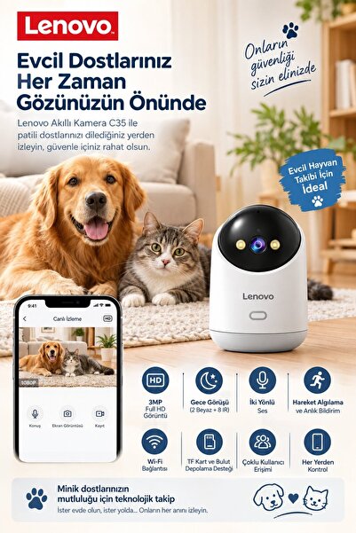 LENOVO Ev Kamerası | Bebek Kamerası 2K 3MP, WiFi, Sesli, 360° Ptz, Mobil Kont...