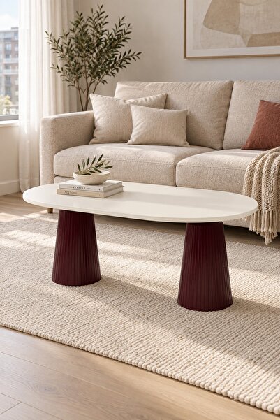 Veloni Calista Bordo Modern Orta Sehpa | Oval Tabla Çift Ayaklı Salon Sehpası