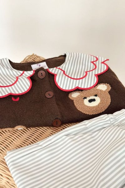 Minigimin Cicileri Teddy Bear Embroidered Ruffle Collar Cardigan Girls' 2-Piece Set - Brown