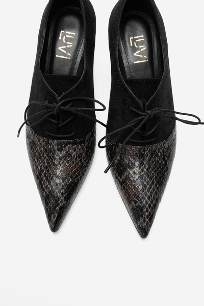 LuviShoes MEDLEY Siyah Süet Siyah Desenli Bağcıklı Kadın Topuklu Ayakkabı