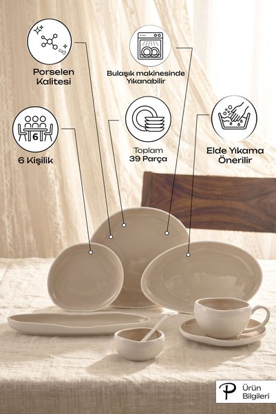 Perotti Roma Beige 39 Parça 6 Kişilik Porselen Kahvaltı ve İkram Seti