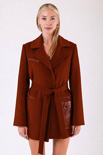 Leather Club Red Brown Leather Garnished Cashmere Coat